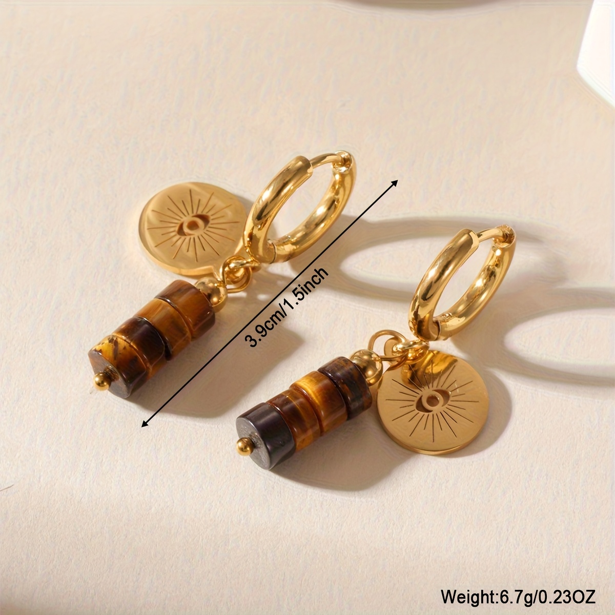 Women's 18K Gold Plated Tiger's Eye Stone Leaf Starburst Drop Hoop Earrings